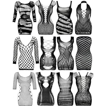 Waqn 12 Pieces Women s Fishnet Lingerie Mesh Babydoll Bodysuit Lace Smock Lingerie for Women (Black) A417