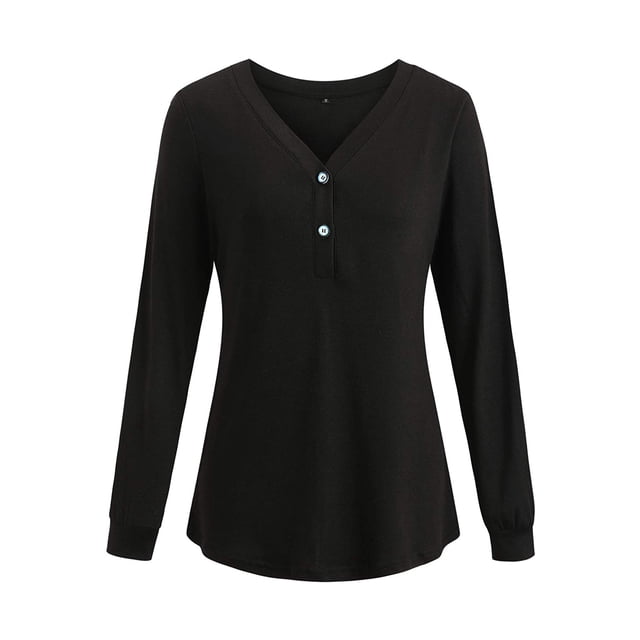 Camiseta de manga larga de color sólido con cuello en V para mujer, blusa suelta informal, negro, XXL Inevent AP003714-05