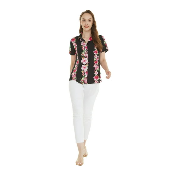 Women's Hawaiian Lady Aloha Shirt in Pink Hibiscus Vine Black 2XL