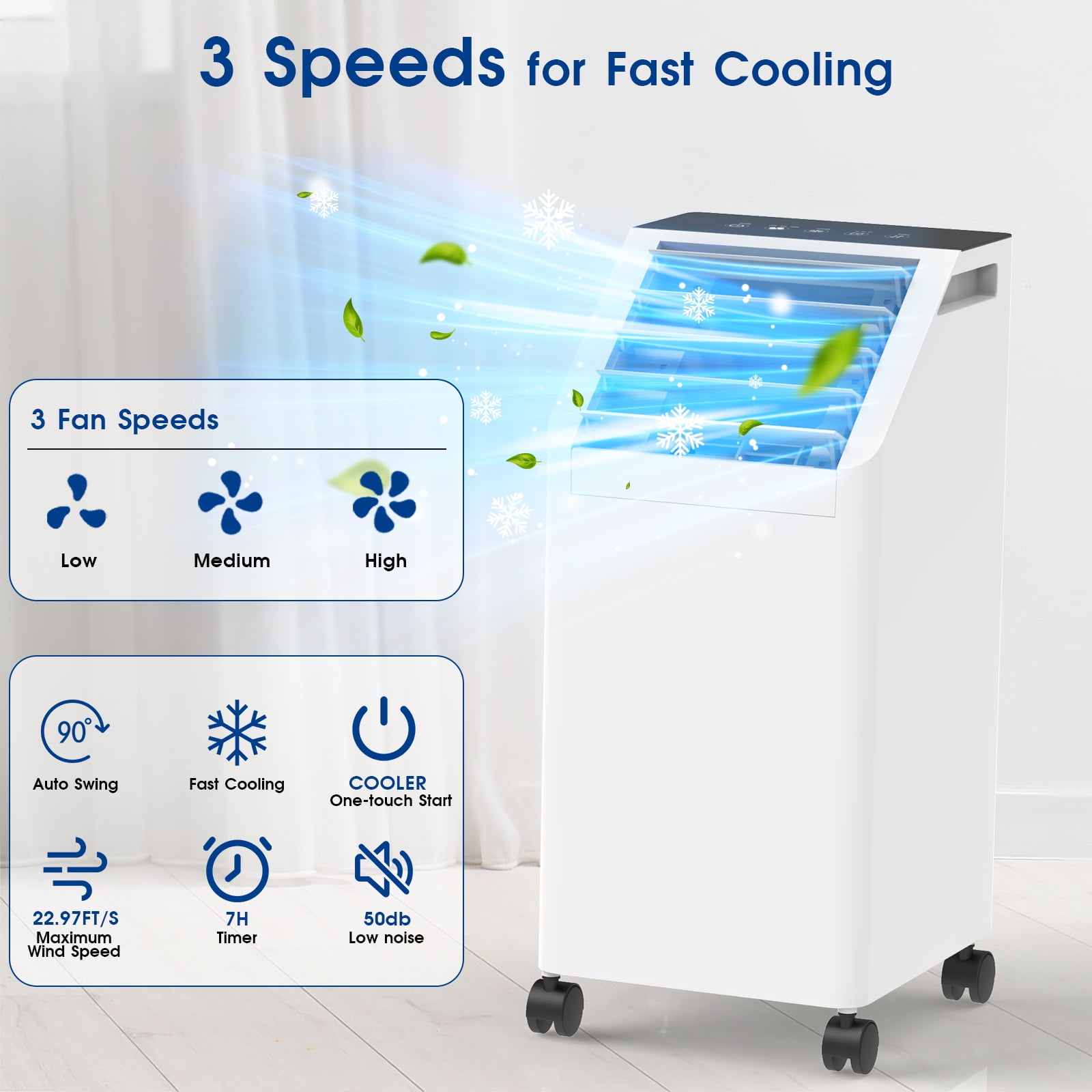 Advwin 3-in-1 Windowless Portable Air Conditioner & Evaporative Cooler with Remote, 60° Oscillation, 3 Speeds, 1 Gal Tank, 4 Ice Packs, Timer