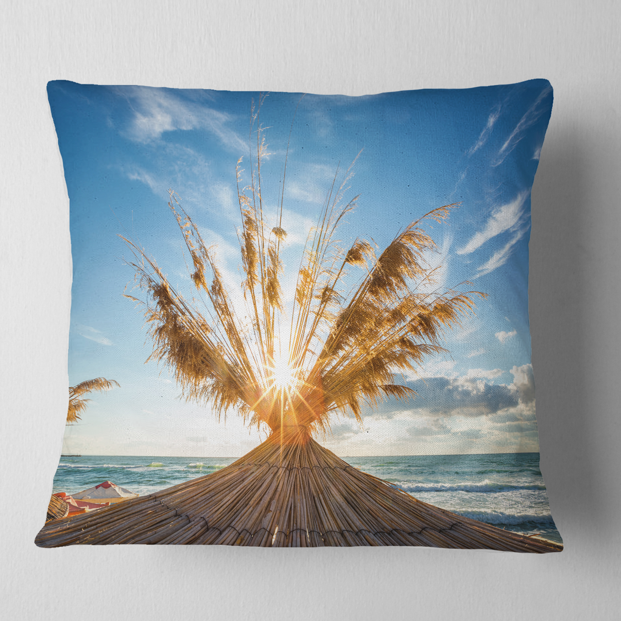 Designart Vivid Sunrise on Sandy Beach - Seascape Throw Pillow - 16x16
