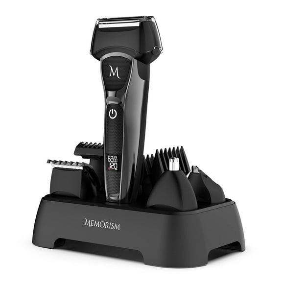 Memorism Multifunction Menâs Grooming Kit - Foil Shaver 4-Attachment Body Hair, Nose, Beard Trimmer with Adjustable Guard Heights - Rechargeable with LED Display Blizz GS5 (Black)