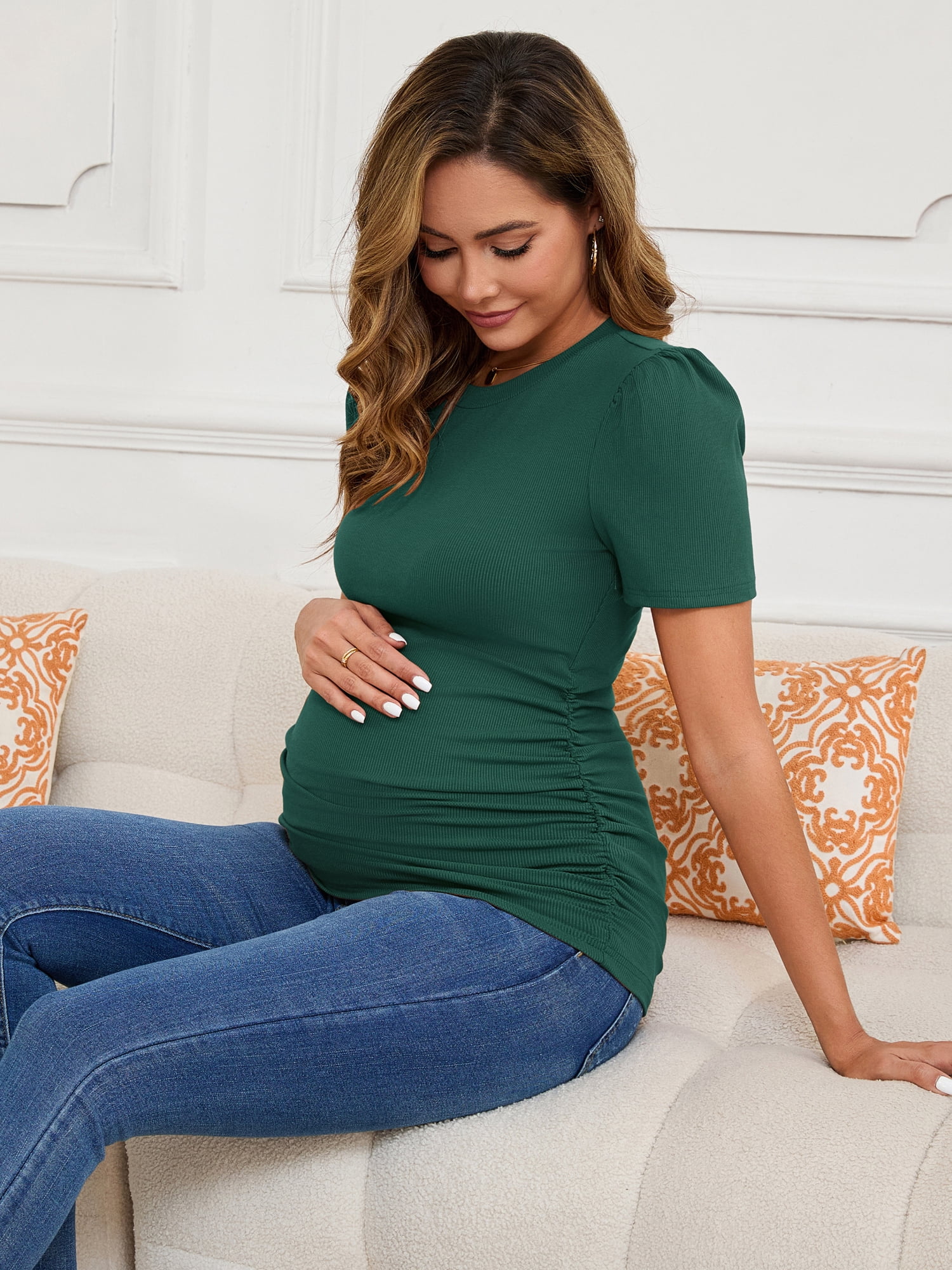 DARING DIVA Women's Short Sleeve Side Ruched Knit Puff Maternity Blouses M Green