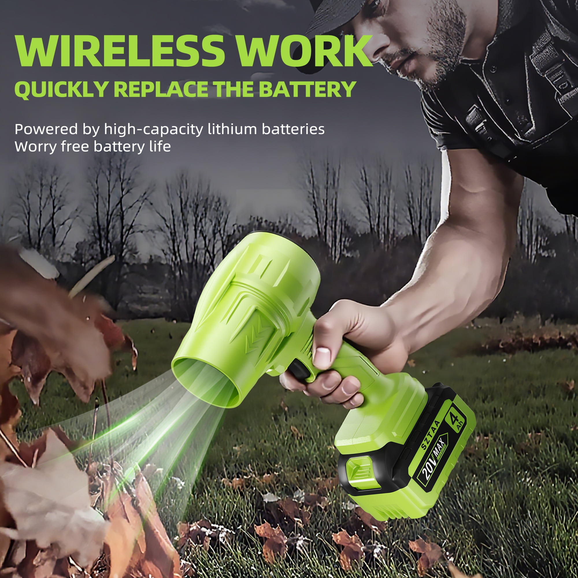 SZTAA Cordless Leaf Blower 20V Handheld with 2 Battery, 260 Cfm 76 Mph for Yard Lawn Driveway Snow