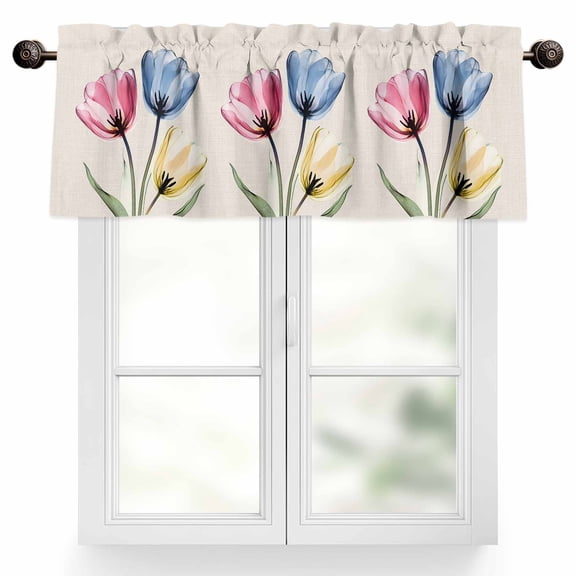 Colorful Tulips Valances for Windows, 60 x 18in, Abstract Flowers Vintage Linen Rod Pocket Kitchen Valance Curtain Light Filtering Window Treatments for Living Room Bedroom, 1 Panel