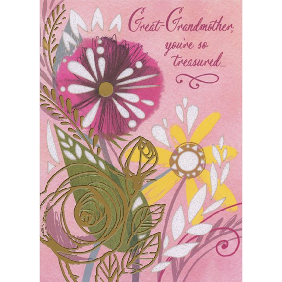 Designer Greetings You're So Treasured: Pink and Yellow Flowers with Sparkling Die Cut Windows Mother's Day Card for Great-Grandmother