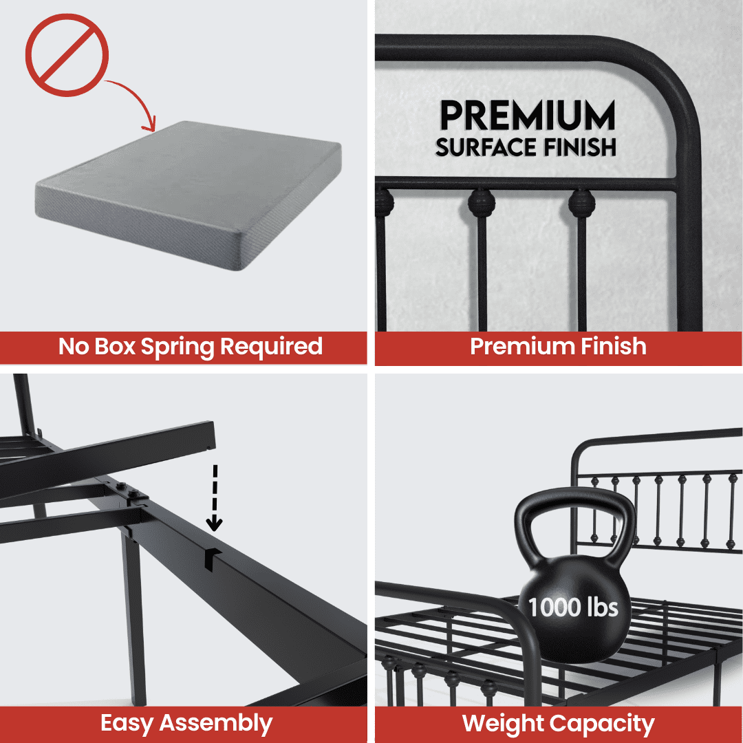 Golden Gate Beds Victorian Vintage Style Metal Bed Frame with Wrought Iron Headboard and Footboard, Classic Platform Bedframe Storage, No Box Spring Needed, Mattress Foundation, Black,California King