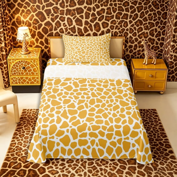 Castle Fairy Teens Minimalist Giraffe Pattern Twin Sheets 3pcs,Animal Print Bedding,Orange White,1 Fitted Sheet, 1 Flat Sheet and 1 Pillowcase