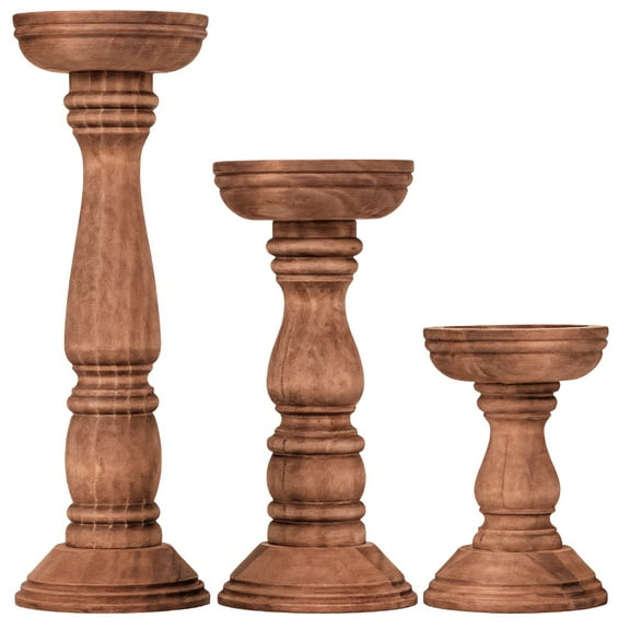 3 Pcs of Wood Candle Holders, Handcrafted Wooden Pillar Candle Stands for Home Decor, Farmhouse Style Candle Holders, Walnut Color, Great for Weddings, Parties, and Rustic Themed Interiors