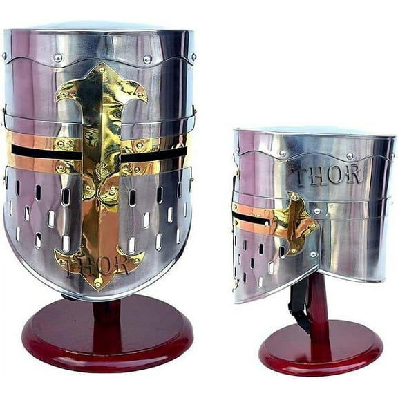 THOR INSTRUMENTS Medieval Brass Crusader Metal Knight Templar Helmet Wearable Costumes W/Stand Rustic Vintage Home Decor Gifts