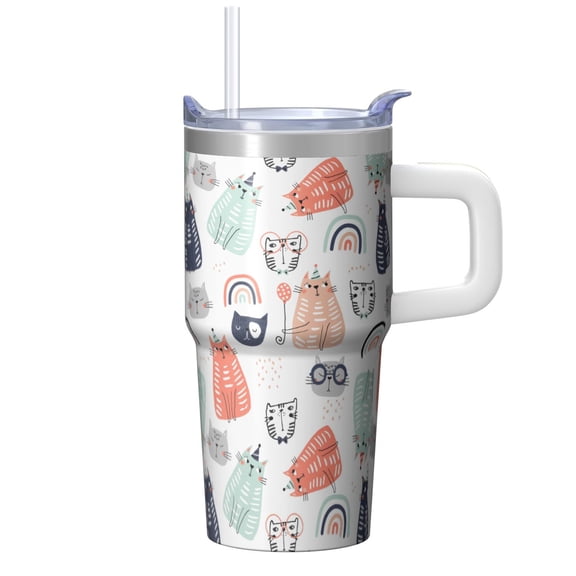 20oz Stainless Steel Cat Print Tumbler with Handle and Straw Travel Coffee Mug Top Birthday Christmas Gift for Cat Mom Women Cup Holder Friendly Wide Mouth for Ice Dishwasher Safe Daily