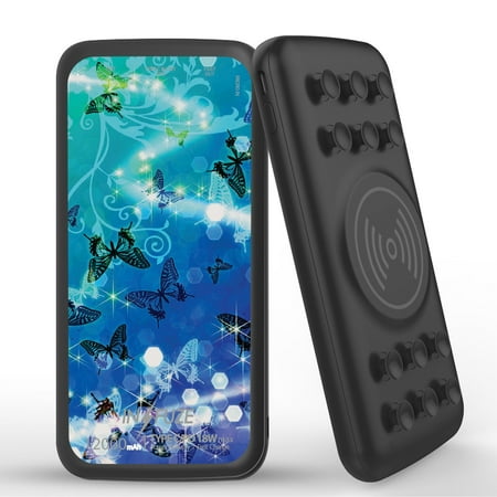

INFUZE Qi Wireless Portable Charger for Samsung Galaxy S21 FE Battery (12000 mAh 18W Power Delivery USB-C/USB-A Quick Charge 3.0 Ports Suction Cups) with Touch Tool - Sparkling Blue Butterfly Vines
