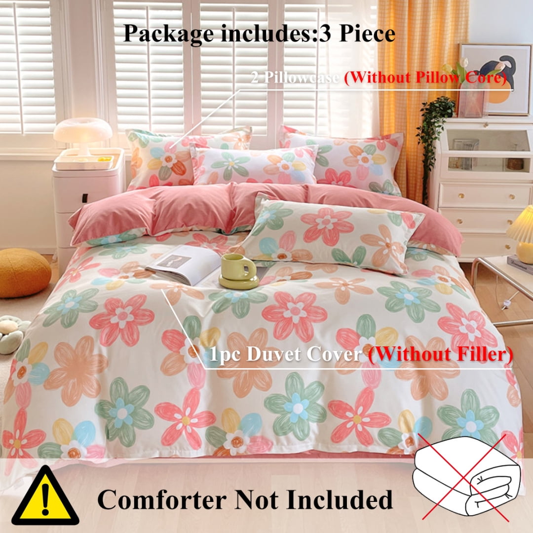 3 Pcs Pink Floral Duvet Cover Set, Reversible Duvet Cover Twin, Chic Garden Bedding Set Mini Floral Comforter Cover Soft Breathable for All Seasons (Pink, Twin)