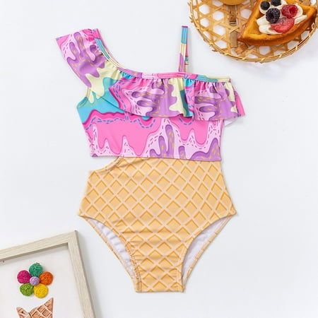 YMNXA Big Kids Girls Swimsuits Slash Neck Cartoon Print Ruffles Bikinis Comfortable Fashion Swimwear For Holiday Vacation Beach Yellow 18-24 Months