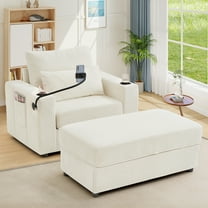 Lunale Accent Chair with Ottoman, Indoor Lounge Chair with USB & Storage, Modern Upholstered Sofa Armchair for Living Room, Bedroom, Apt., Beige Chenille