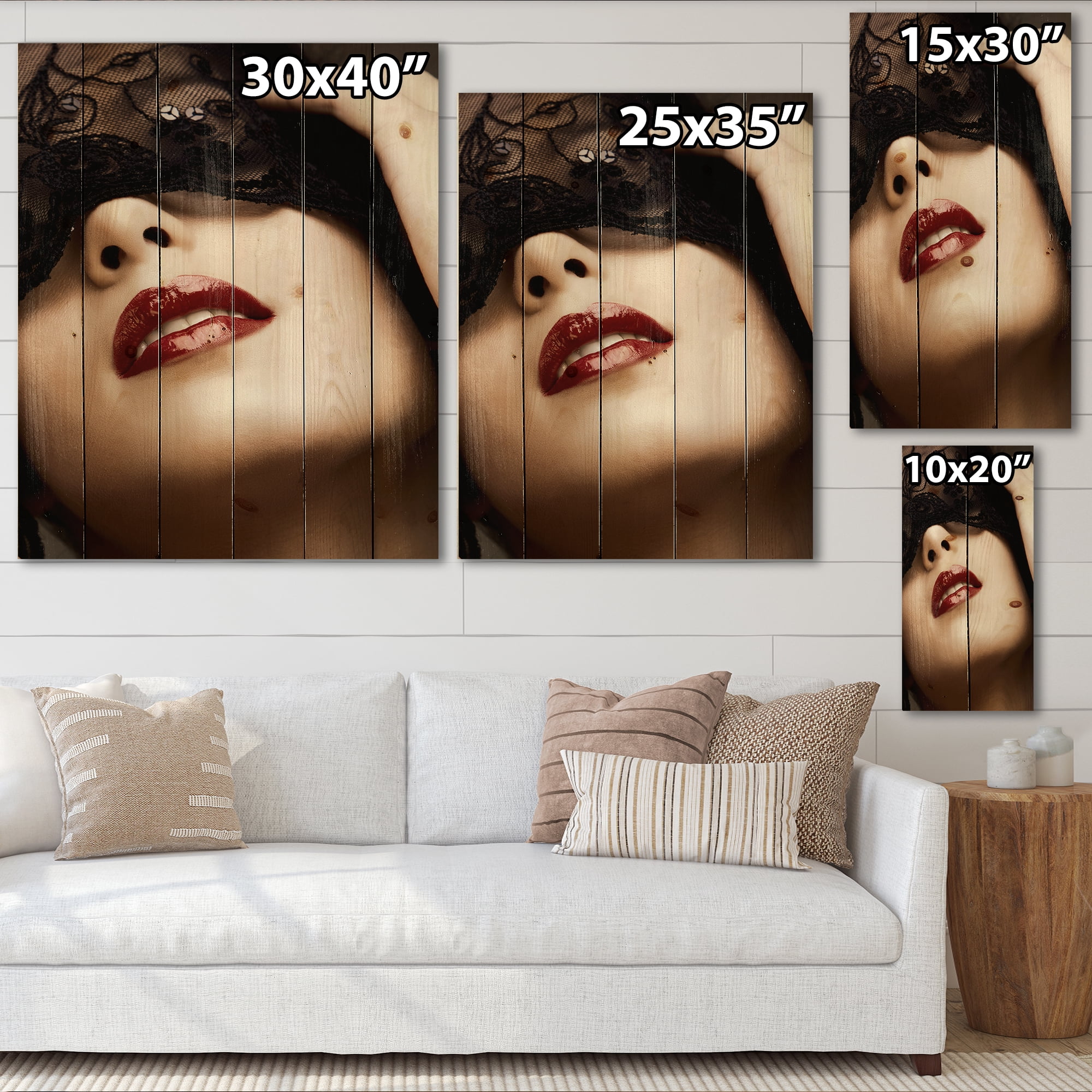 Designart 'Portrait Of Modern Girl With Mask' Modern Print on Natural Pine Wood