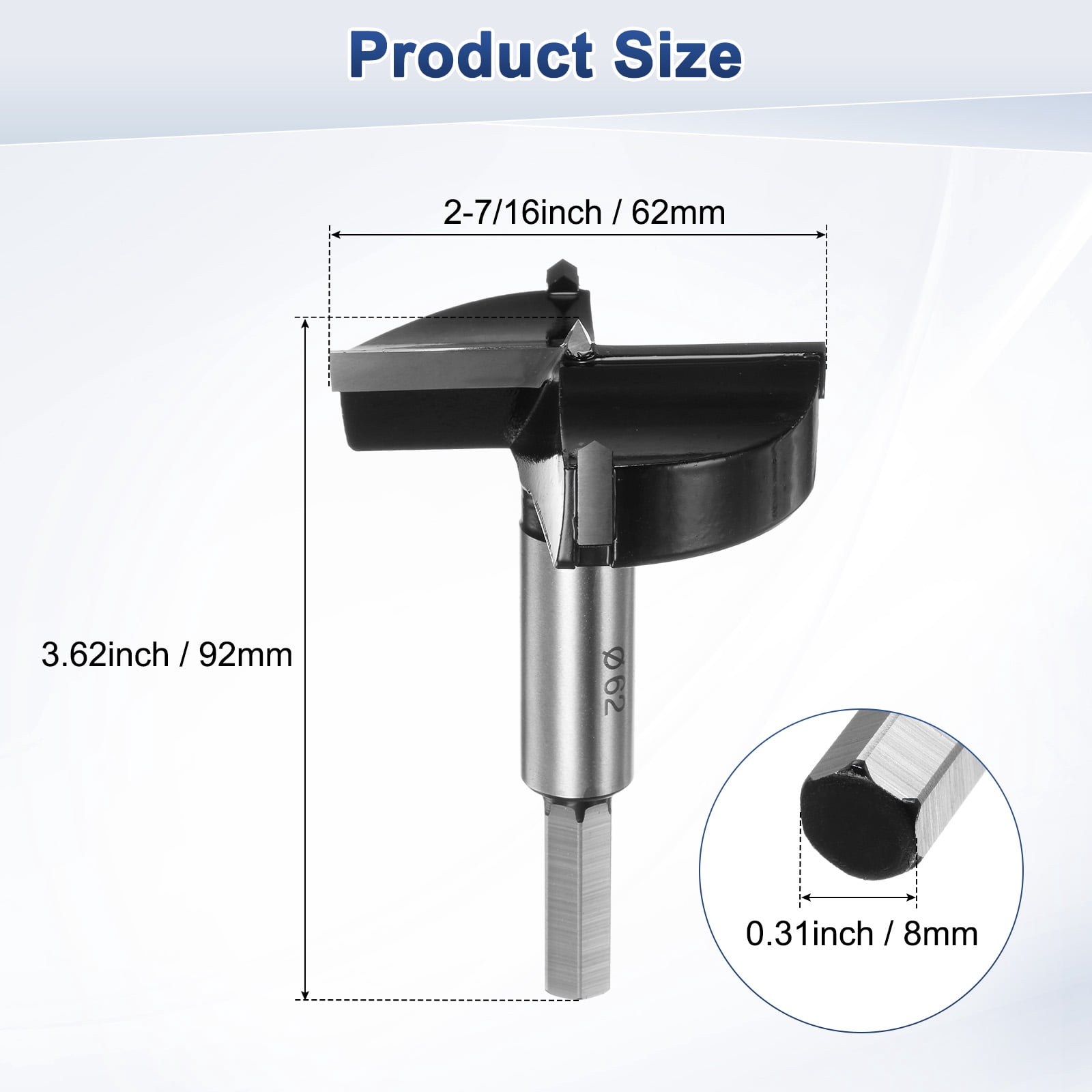 Uxcell Forstner Drill Bit for Woodworking, 2-7/16in (62mm) Carbide Tip Round Shank Hinge Cutter for Wood Hole Drilling Opener