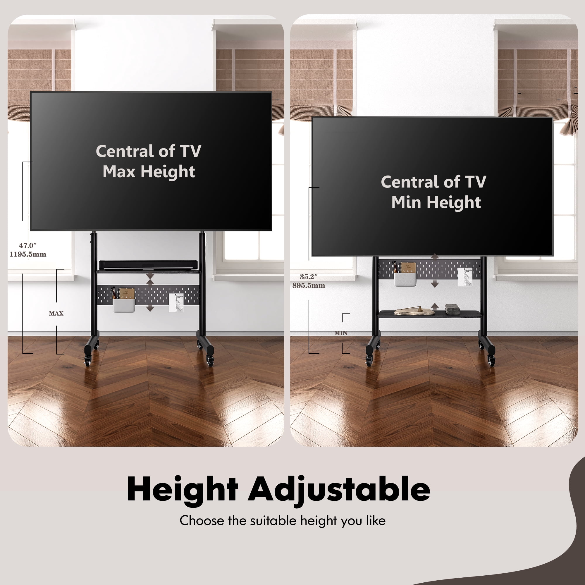 FITUEYES Rolling TV Stand with Wheels for 40-85 inch LCD/LED Screens, Height Adjustable Mobile Cart with One Shelf, Black