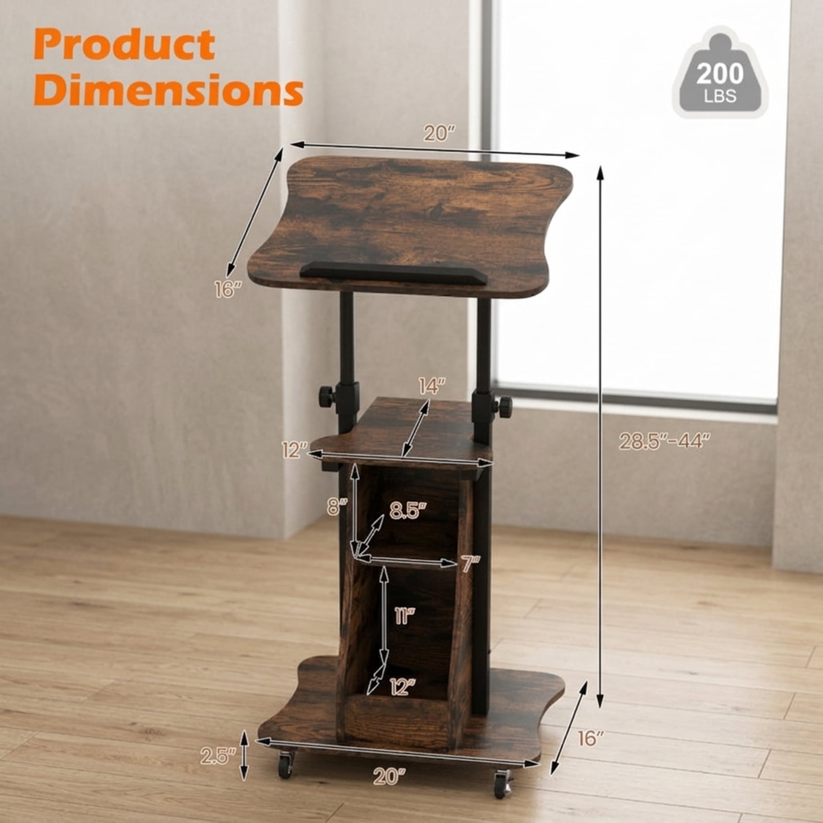 Furnibear Mobile Podium Stand Height Adjustable Laptop Cart with Tilting Tabletop Rolling Wheels and Storage Compartments for Classroom, Rustic Brown