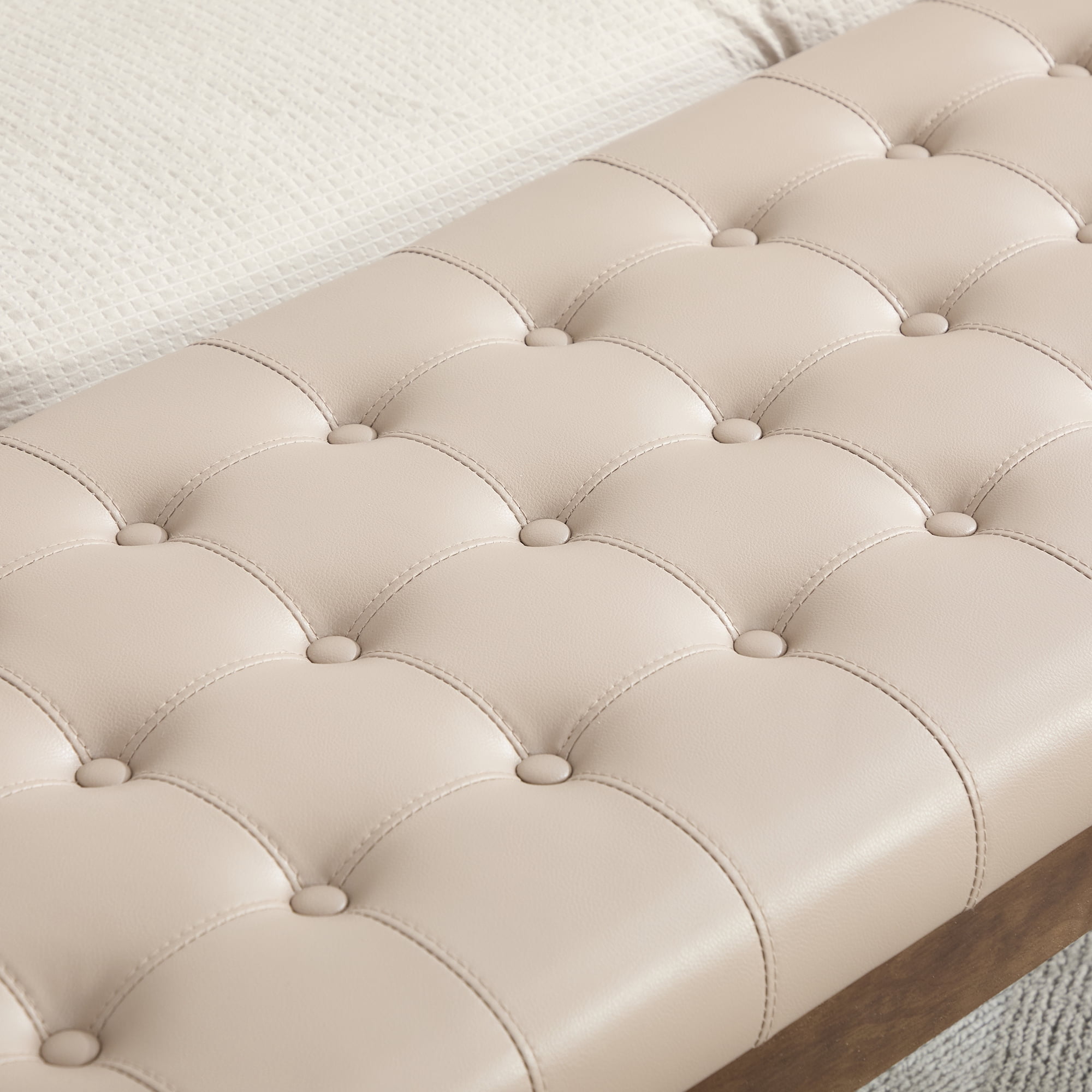 Upholstered Bed Bench 66 Inch, Button Tufted Faux Leather Bench with Dark Walnut Legs, End of Bed Bench for Bedroom and Entryway, Taupe
