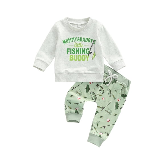 BemeyourBBs Toddler Boy Fishing Outfits Fall Winter ClothesLetter Print Long Sleev Sweatshirt and Fish Pants Set