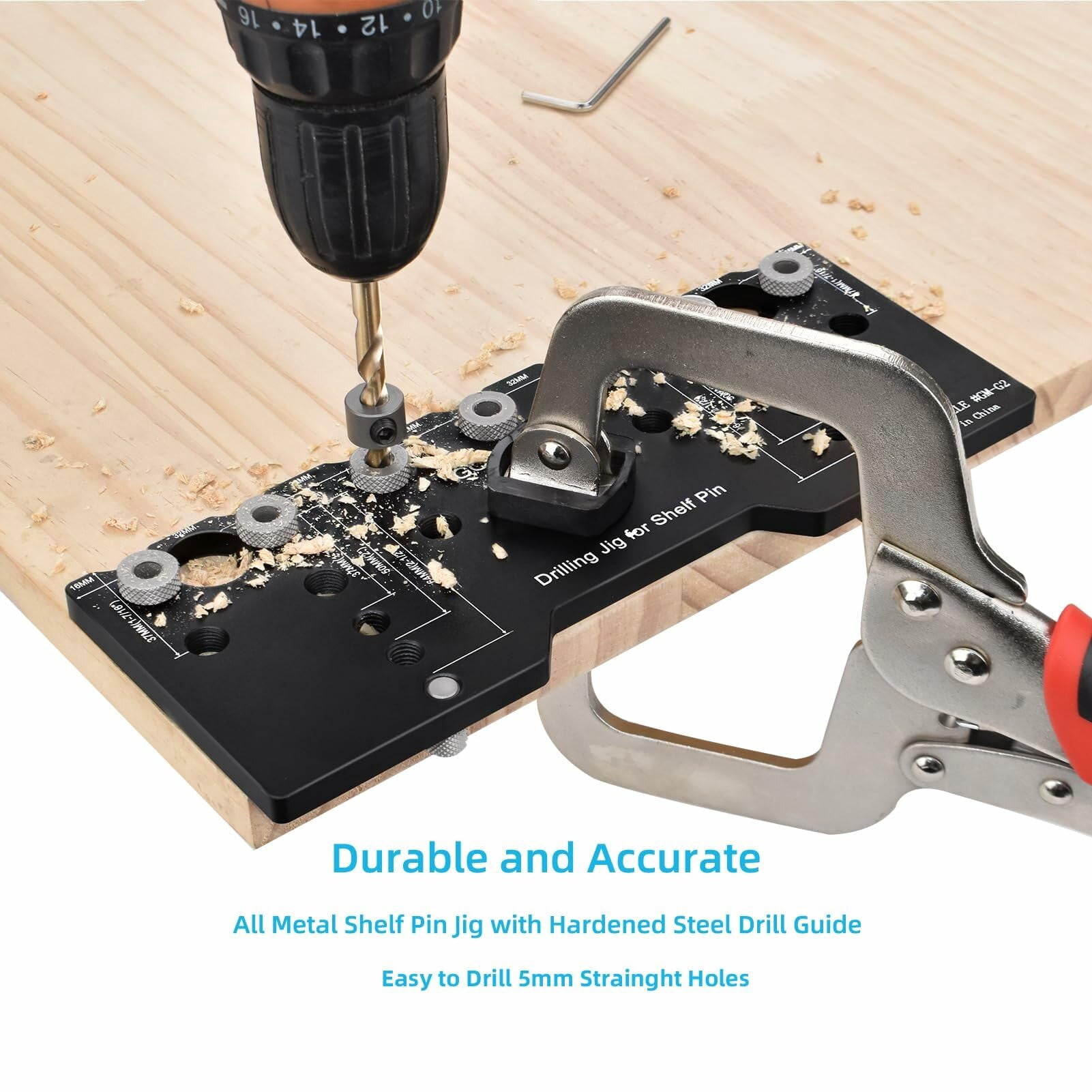 Adjustable Aluminum Alloy Cabinet Hardware Jig Shelf Pin Jig with 2 PCS 5mm Drill Bits Woodworking Pocket Hole Punch Locator Drill Guide