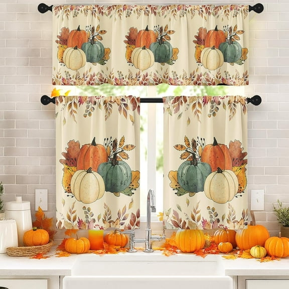 Fall Vintage Kitchen Window Curtains and Valances Set 36 Inch, Pumpkins Maple Leaves Farmhouse Short Tier Curtain for Cafe Living Room Bathroom, Autumn 3 Pieces Set Kitchen Decor
