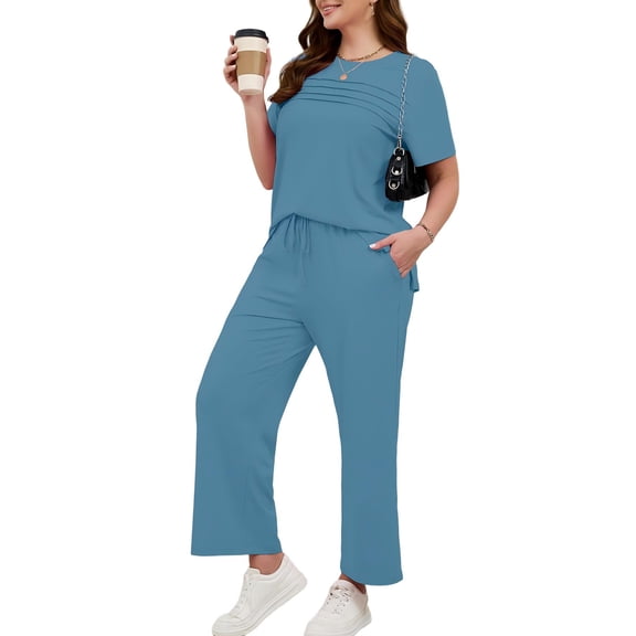 SHOWMALL Women's Plus Size 2 Piece Outfits Casual Matching Sets Short Sleeve Pleated Top and Wide Leg Pants Lounge Set with Pockets, XL-5XL