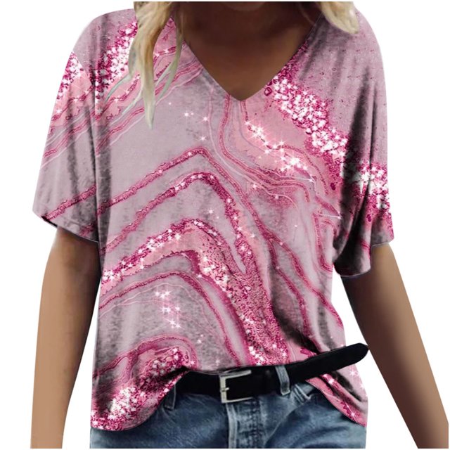 T-shirt Ample Décontracté à Col en V à Manches Courtes pour Femmes avec Imprimé