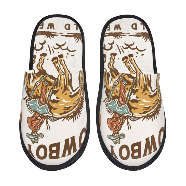 Fotbe Cowboy Up Vintage Wild West Pantuflas Peludas para Mujer con Estampado, Zapatillas de Peluche, Zapatos de Invierno para Casa, Uso Interior y Exterior-Medium
