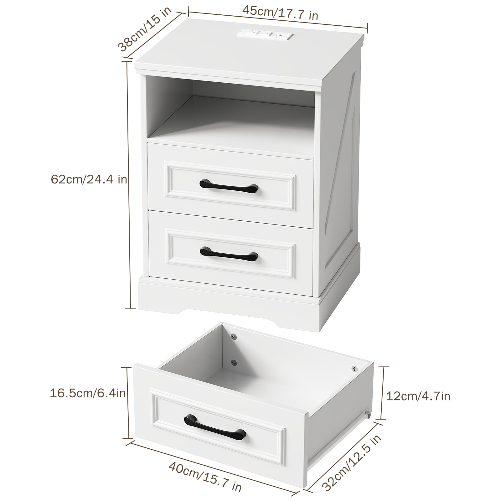 Nightstand with Charging Station, Farmhouse Nightstands with 2 Drawers Storage Side Table Bedside Cabinet for Bedroom Living Room