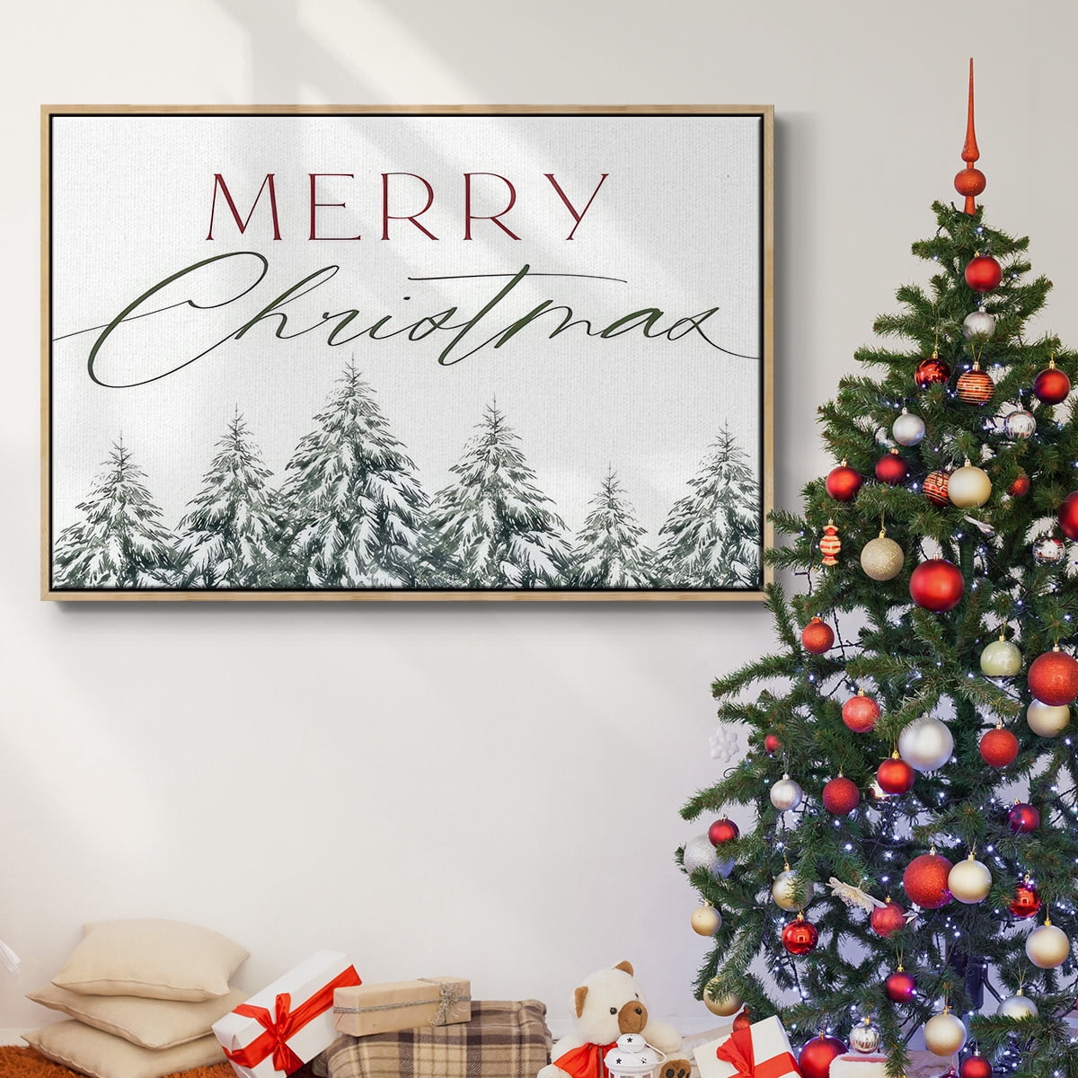 Merry Christmas Trees - Framed Gallery Wrapped Holiday Canvas - 27 x 41 - Natural Wood Frame