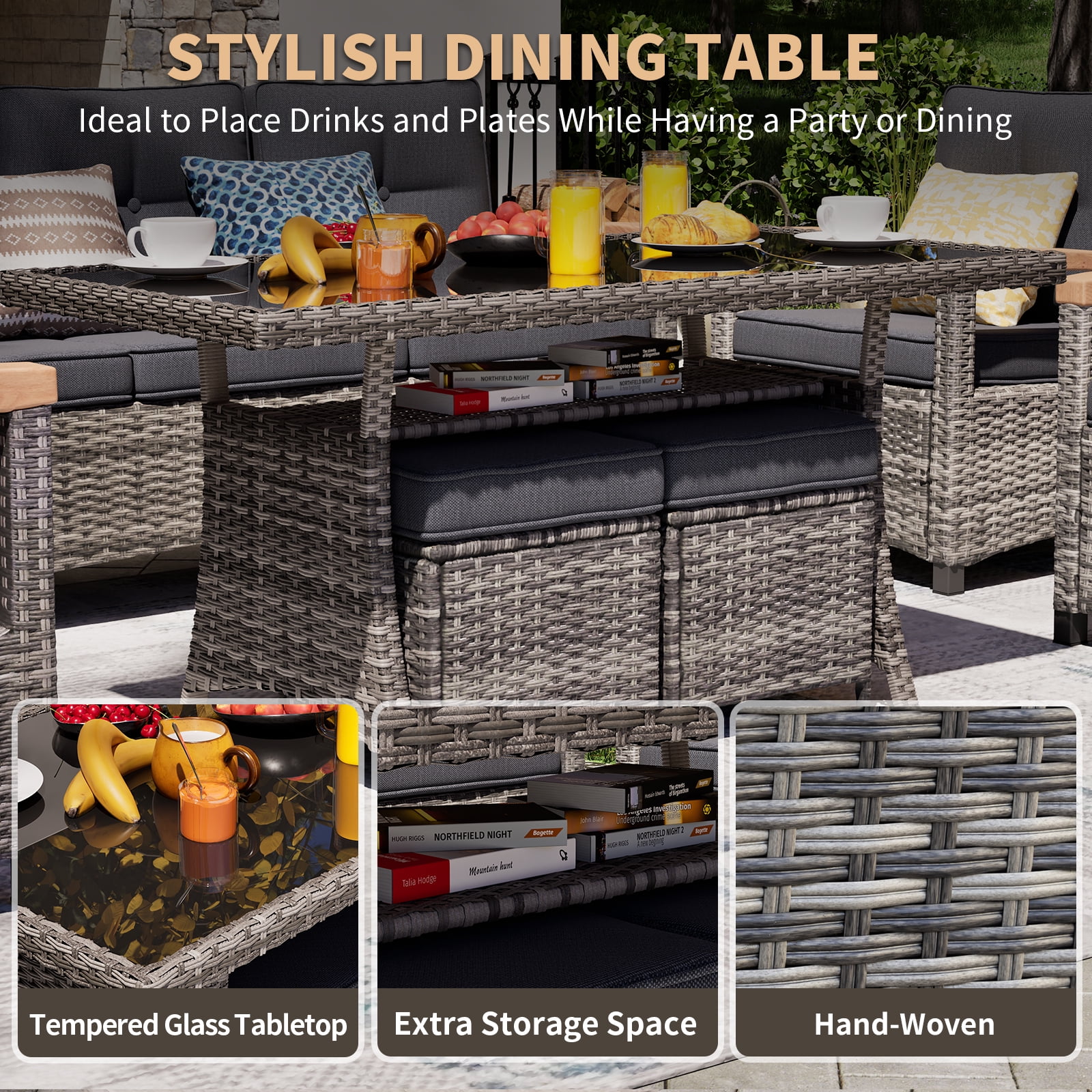 MEISSALIVVE 8 Pieces Patio Furniture Set with Dining Table, Outdoor Wicker Conversation Set with 3-Seat & 2-Seat Sofas, Wood Armrest Swivel Chairs, 2 Ottomans, Gray