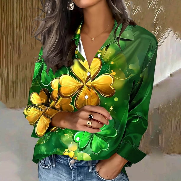 TaTaai Ladies Fashion St. Patrick's Day Printed Satin Long Sleeve Shirt Lapel Button Down Casual Loose Blouse Satin Top for Daily Party Work Vacation Spring Winter Wear Gift