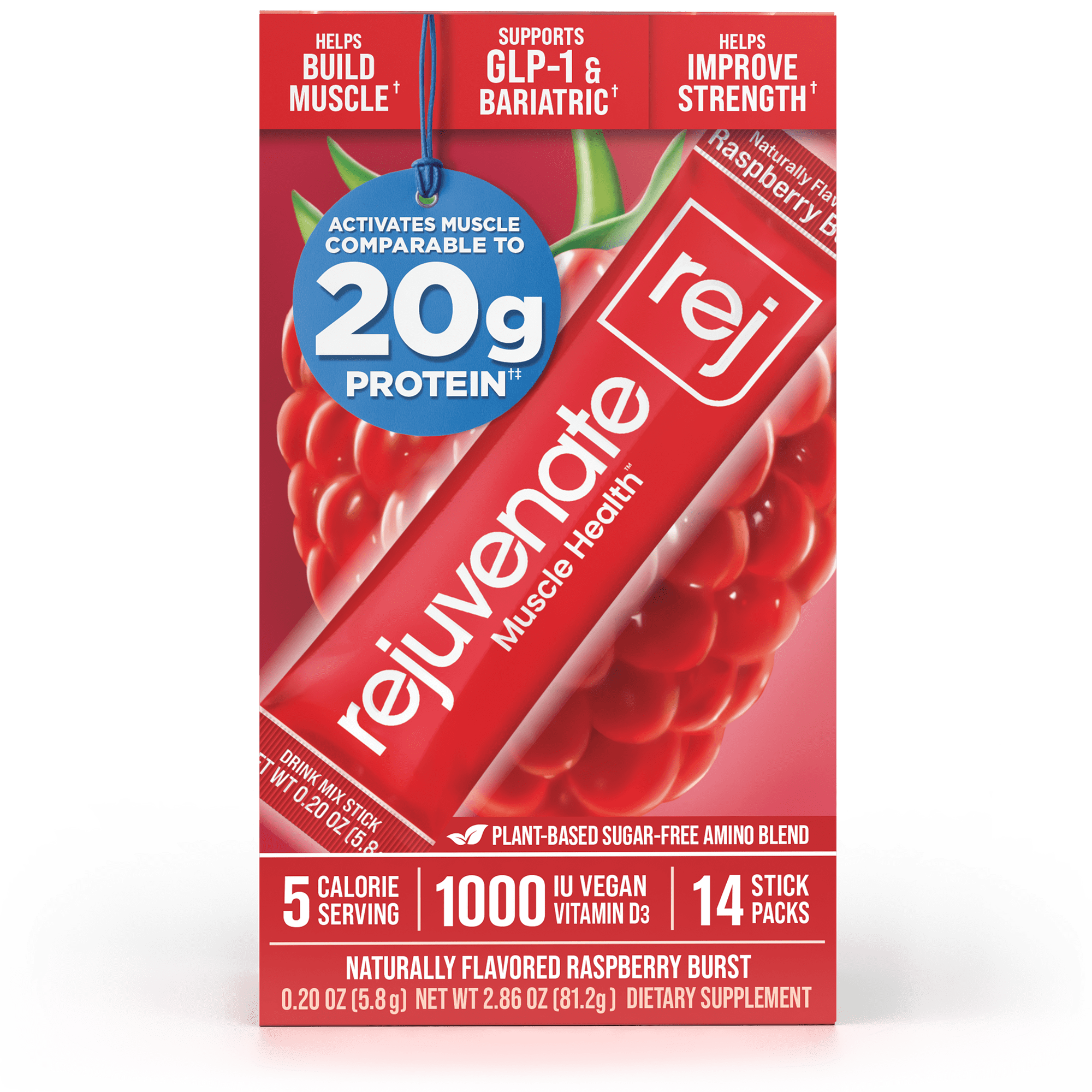 Rejuvenate Muscle Building Drink Sticks – Patented EAAs, 1 Stick = 40g Whey Protein Isolate, 11x Better Than Whey Protein, GLP-1 + Bariatric Approved Raspberry Burst, 14 Pouches Each