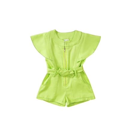 

Sunisery Little Kids Girls Jumpsuit Flying Sleeve Solid Color Front Zipper Closure Playsuit Shorts with Pockets Green 2-3 Years