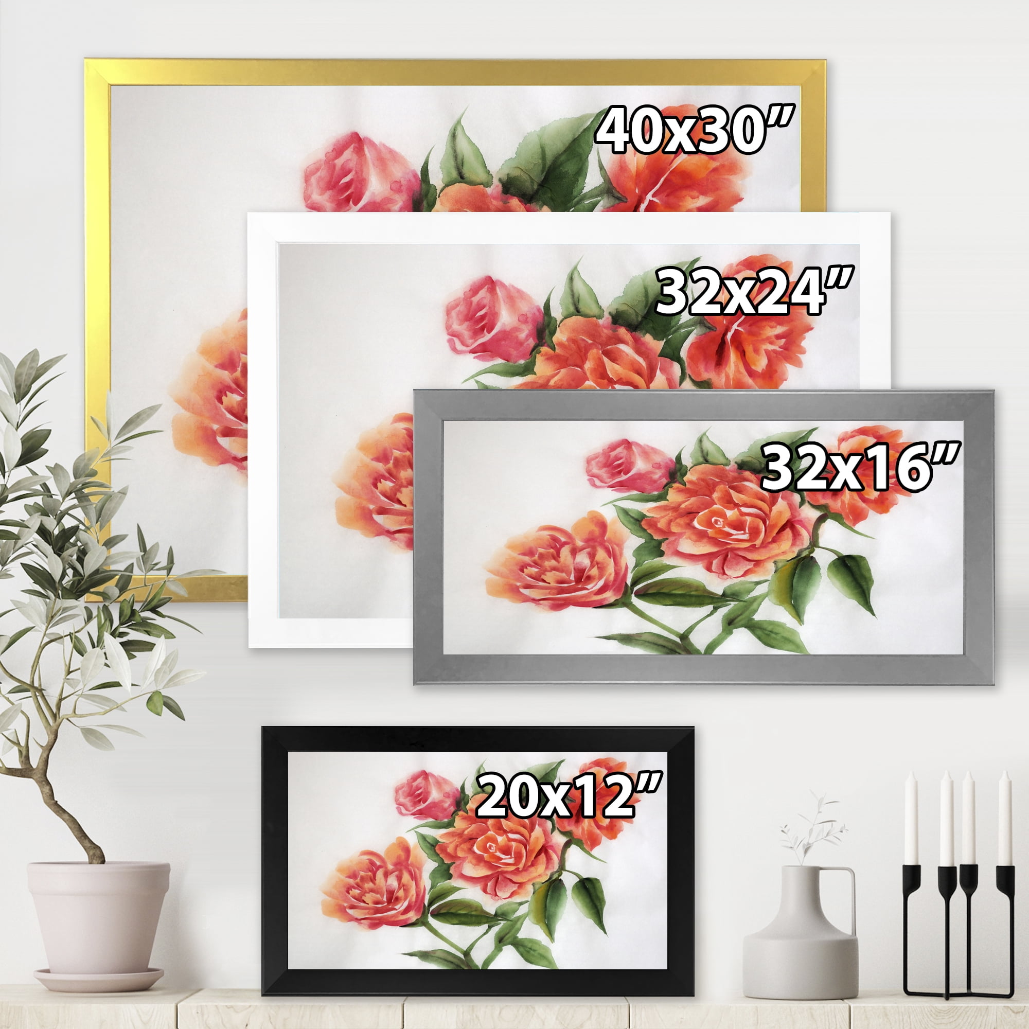 Designart 'Orange VIntage Roses With Green Leaves' Traditional Framed Art Print