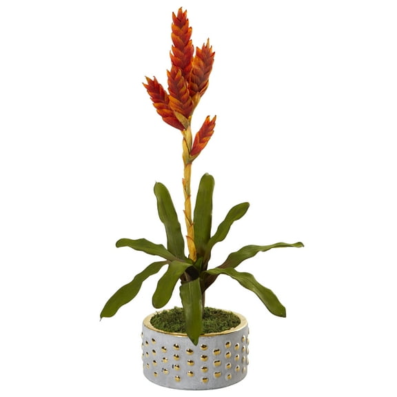 Nearly Natural 24in. Tropical Bromeliad Artificial Plant in Bowl with Gold Trimming