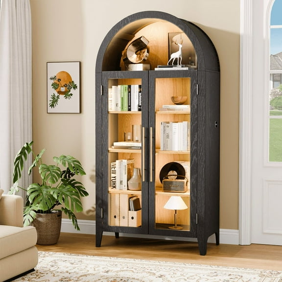 TOPCOMFY 71" Arched Storage Cabinet, Farmhouse Display Cabinet with 3-Color Lights, 5 Tier Kitchen Pantry Cupboard, Bookshelf for Living Room - Black&Oak
