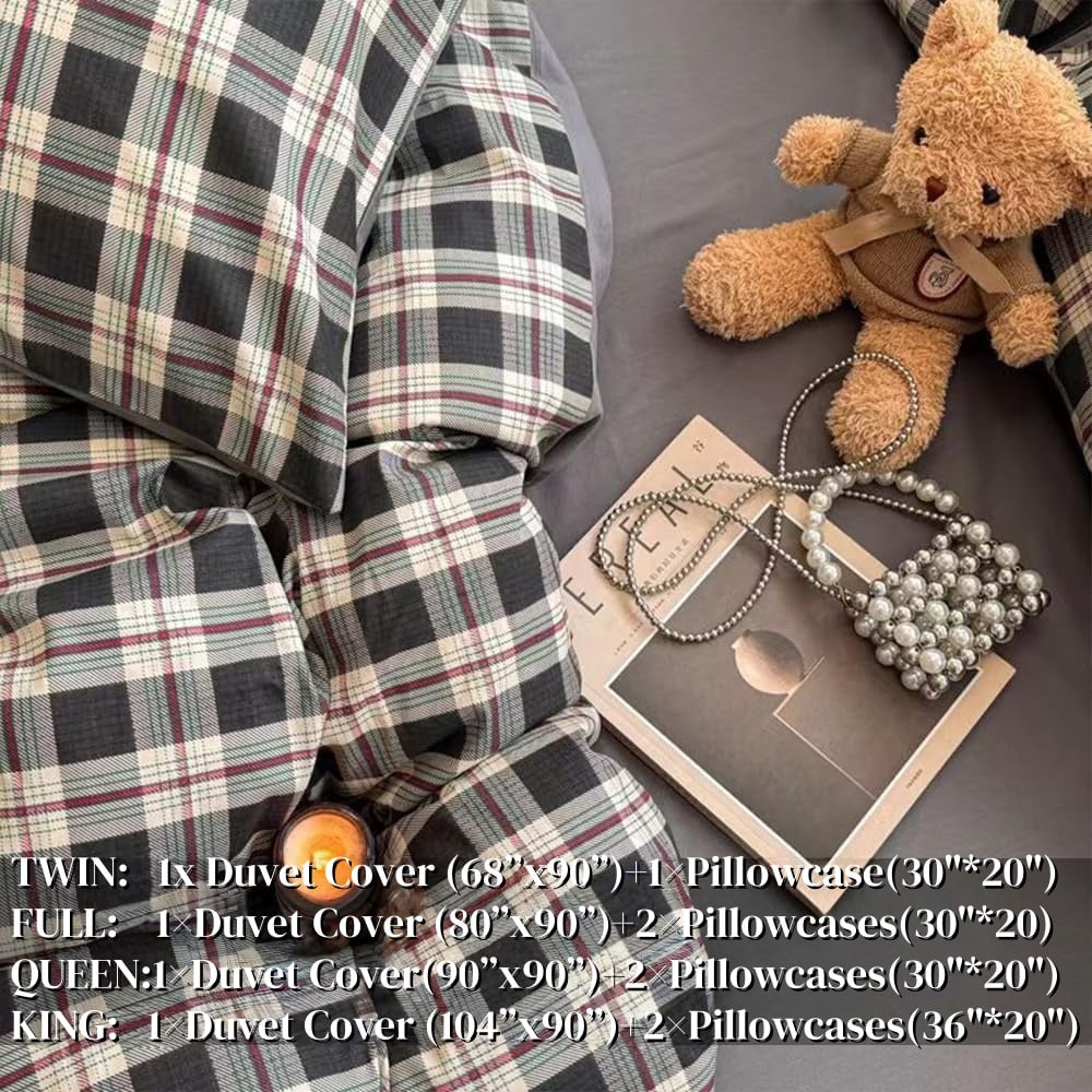 JOLUSERE Black Beige Plaid Duvet Cover Twin Set, 2-Piece Vintage Grid Checkered Pattern Soft Gray Comforter Cover