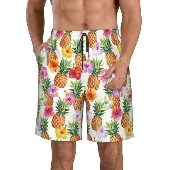 Vsdgher Hawaiian Pineapples And Hibiscus Flowers Men's Beach Shorts, Surfing shorts, Swim trunks, Quick Dry Swim Trunks for Surfing Beach Fun -X-Large