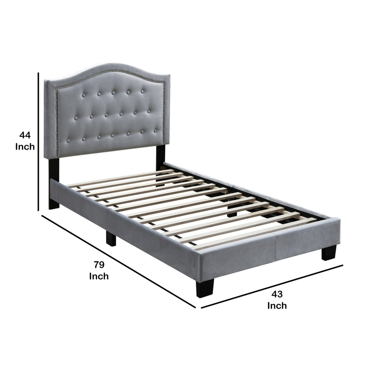 Button Tufted Twin Velvet Bed with Curved Headboard in Gray