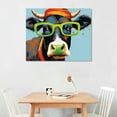 thumbnail image 2 of COMIO Cow Print Bathroom Farmhouse Decor: Colorful Curious Cow with Large Green Glasses Canvas Wall Art Farm Animal Painting Kids Room Decor Framed for Bedroom Ready to Hang 16"x12", 2 of 4