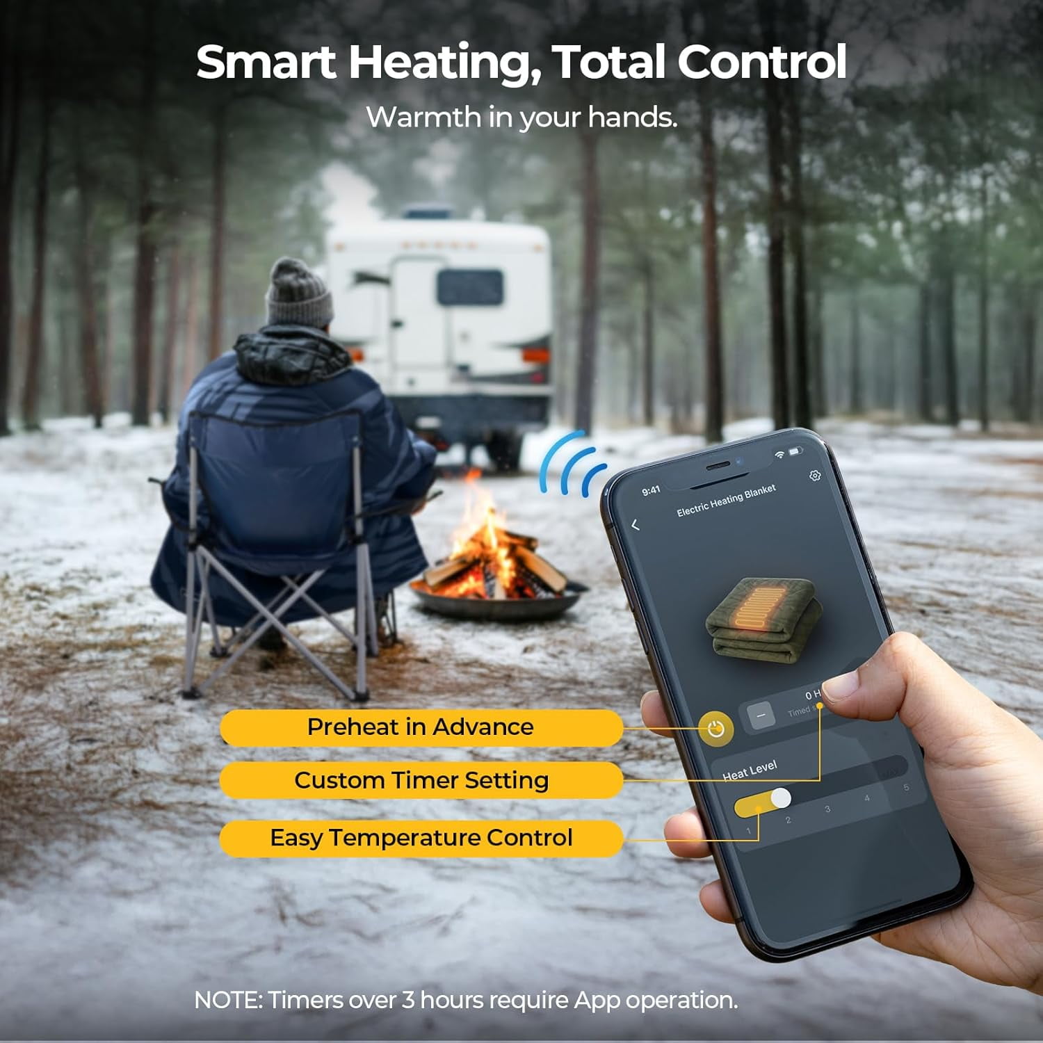 BougeRV Heated Car Blanket Electric w/ 5-Level Setting App Control for Winter Camping Overlanding Tent RV Ice Fishing Blue