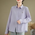 thumbnail image 4 of XPMWRP Women's Striped Button Down Solid Color Shirts Cotton Dress Shirt Oversized Lapel Collared Blouse Tops Business Office Attire Purple XXL, 4 of 8