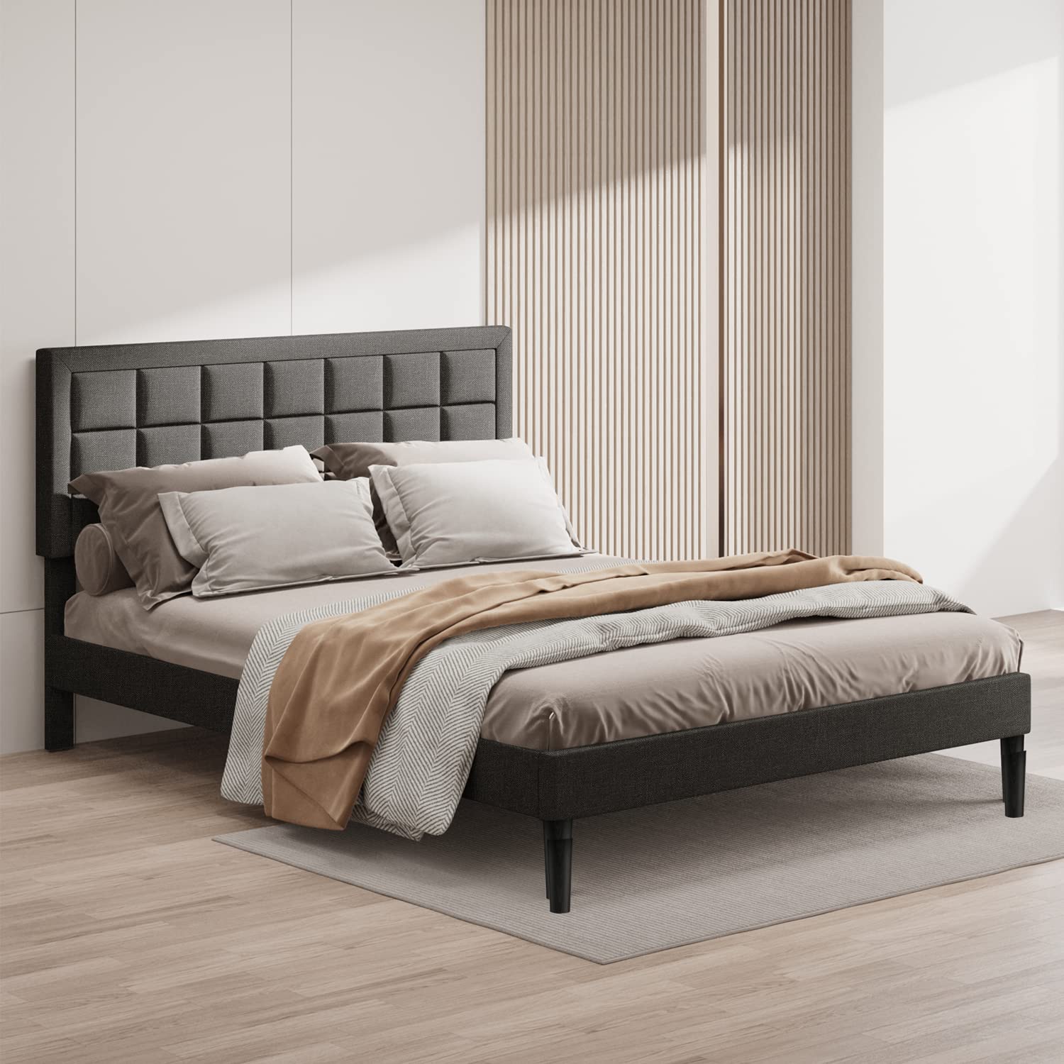 BONSOIR FULL Size Bed Frame Upholstered Modern Low Profile Platform with Tufted Headboard No Box Spring Needed Linen Fabric Charcoal Gray