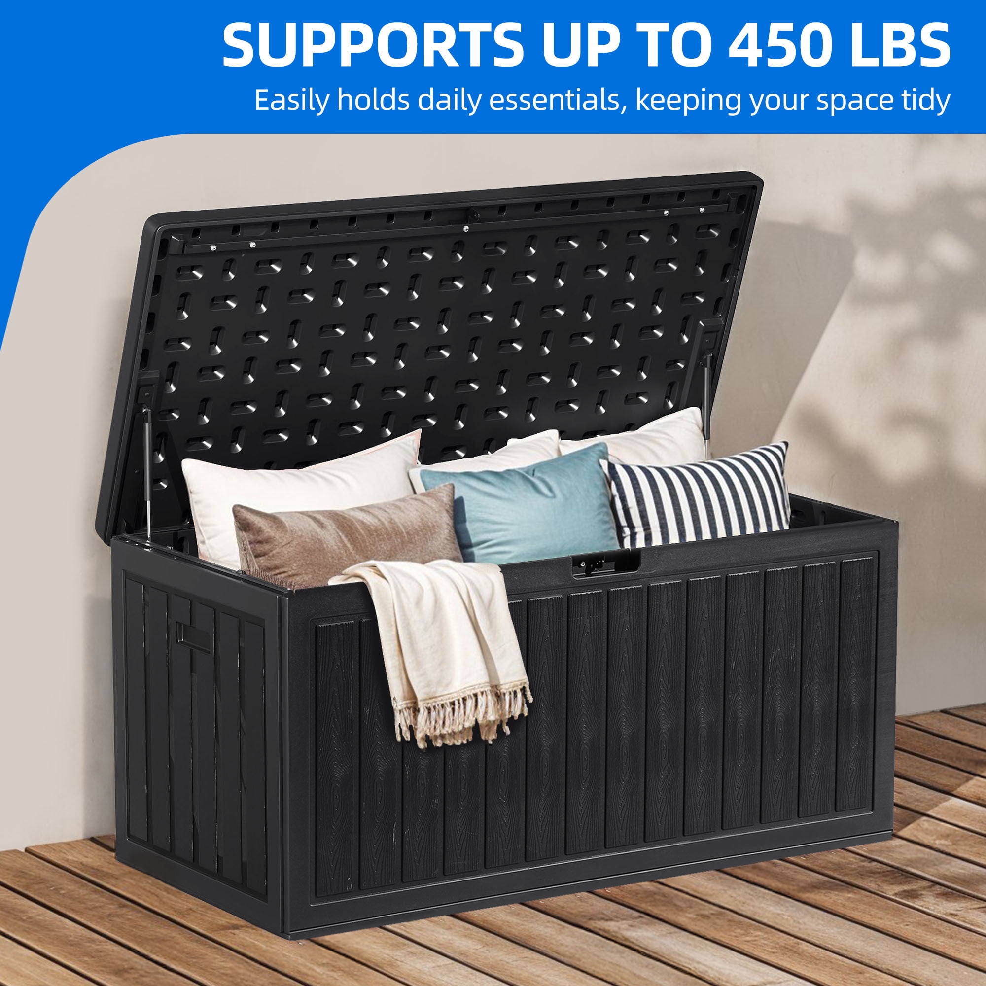 Dextrus 90 Gallon Double-Wall Resin Deck Box, Black Waterproof Weather Resistant Outdoor Storage Box, Lockable Container with 450lbs Heavy-Duty Seating for Patio, Garden Tools & Outdoor Essentials
