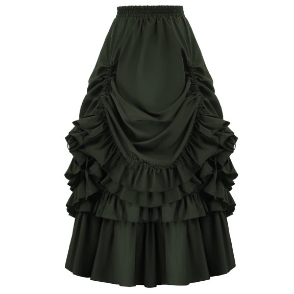 Women Renaissance Pirate Skirt High-Low Whimsical Clothes Adjustable Drawstring, Tiered Ruffle Hem, Elastic High Waist, Flowy