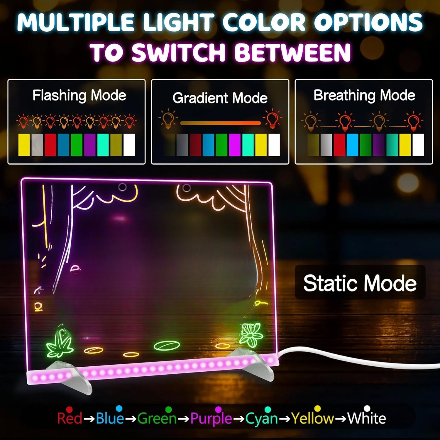 LED Drawing Board 13.7x10 Inch with 7 Colors & 4 Light Modes, Glow Doodle Pad Set with Adapter & Markers - for Home Decor, Messages & Creative Projects