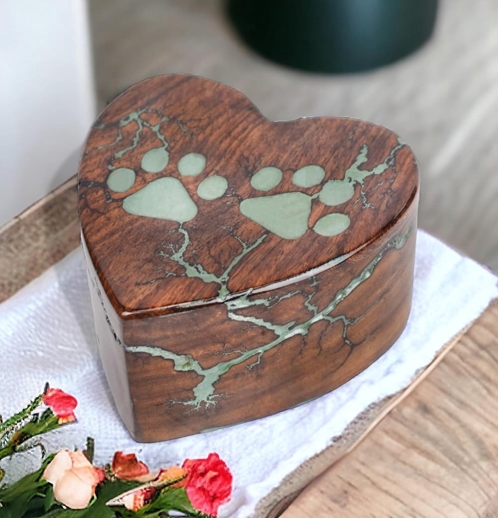 CRAFT INDIA Wooden Heart Cremation Urn for Pet Ashes, Handmade Mini Memorial Keepsake Box